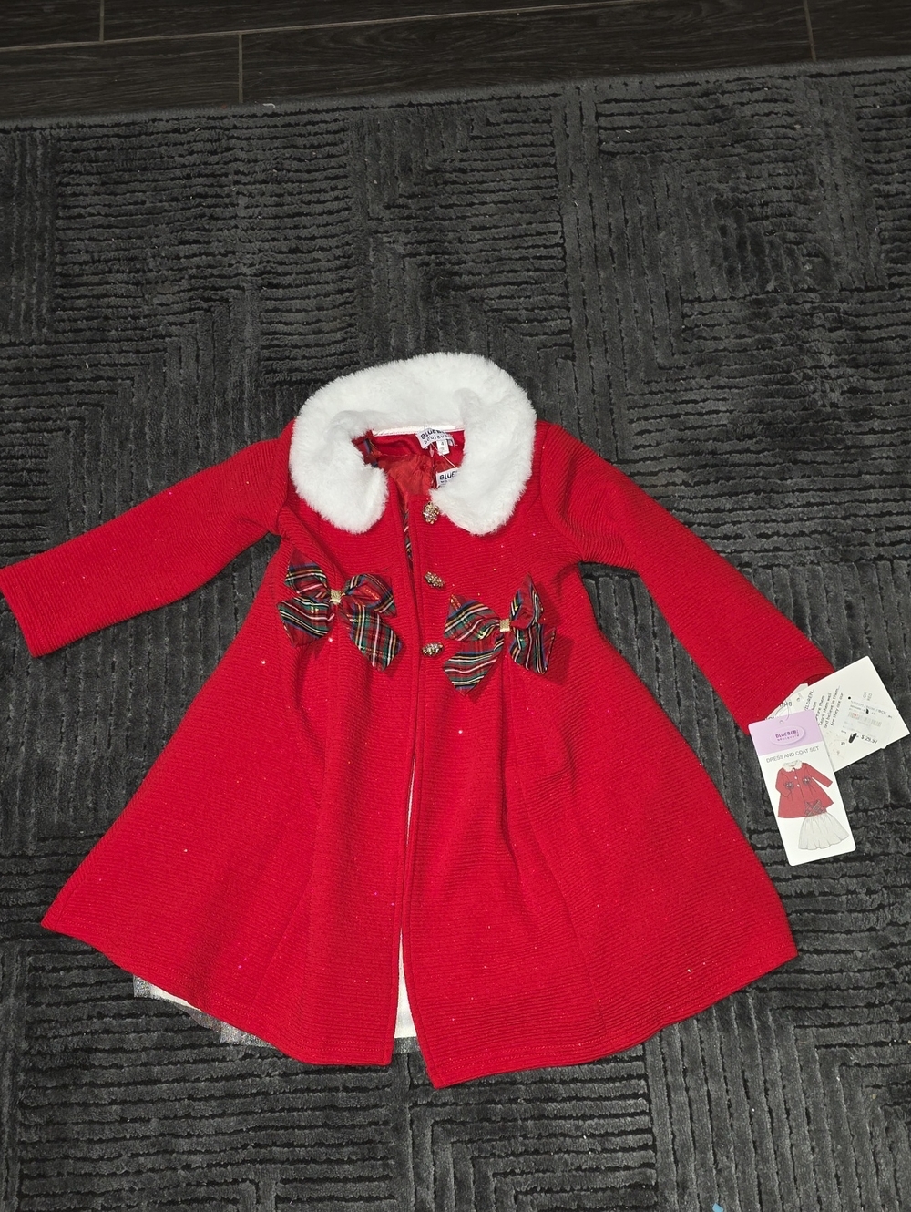 Blueberi Boulevard Red Holiday Coat with White Faux-Fur Collar and Tartan Bows